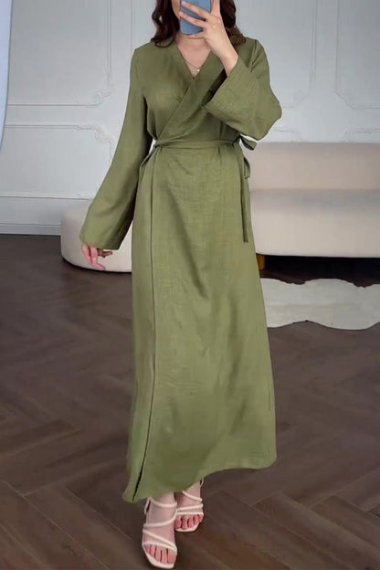 Vestidos casuales de corte A con escote en V y cordones en colores sólidos para uso diario