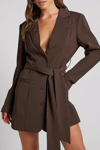 Prenda exterior sexy formal de color sólido con cordones, botones y cuello vuelto (3 colores)