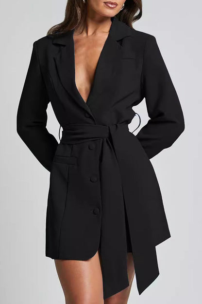 Prenda exterior sexy formal de color sólido con cordones, botones y cuello vuelto (3 colores)