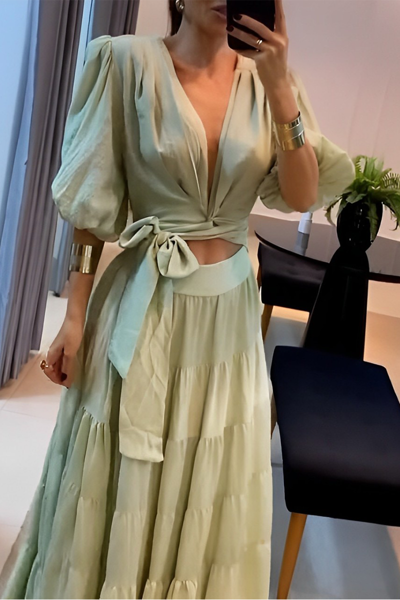 Conjunto de dos piezas sexy de diario con encaje, escote en V fruncido y media manga, color sólido