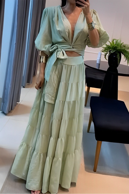 Conjunto de dos piezas sexy de diario con encaje, escote en V fruncido y media manga, color sólido