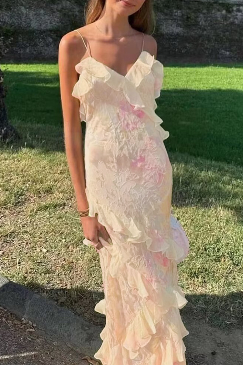 Vestidos sexis con escote en V, volantes, espalda descubierta y estampado degradado