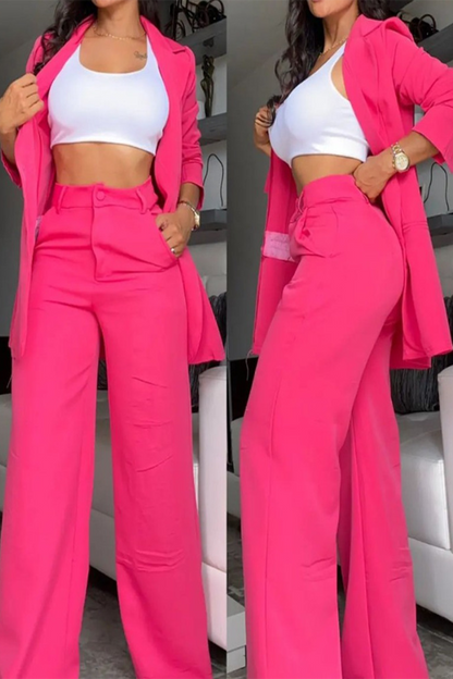 Conjunto informal de dos piezas con bolsillos, botones, cuello vuelto, manga larga (4 colores)