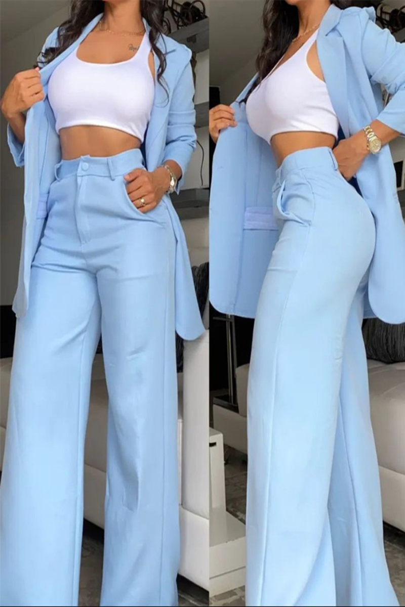 Conjunto informal de dos piezas con botones y bolsillos, cuello vuelto, manga larga, color liso (4 colores)