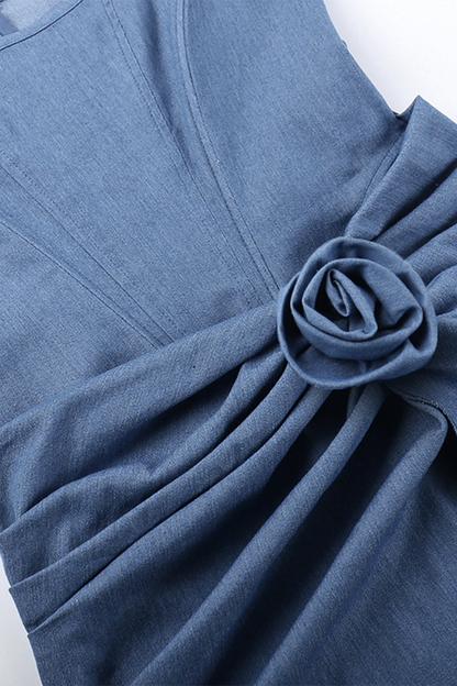 Vestidos vaqueros regulares sin mangas con cuello en U y flores fruncidas en color sólido sexys