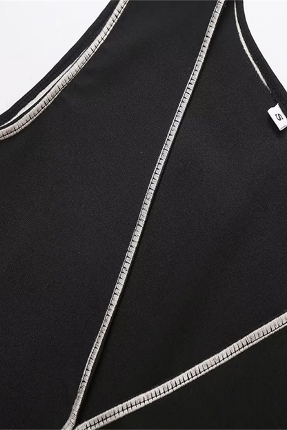 Conjunto informal de dos piezas con escote en V, sin mangas, color sólido, calado y contraste