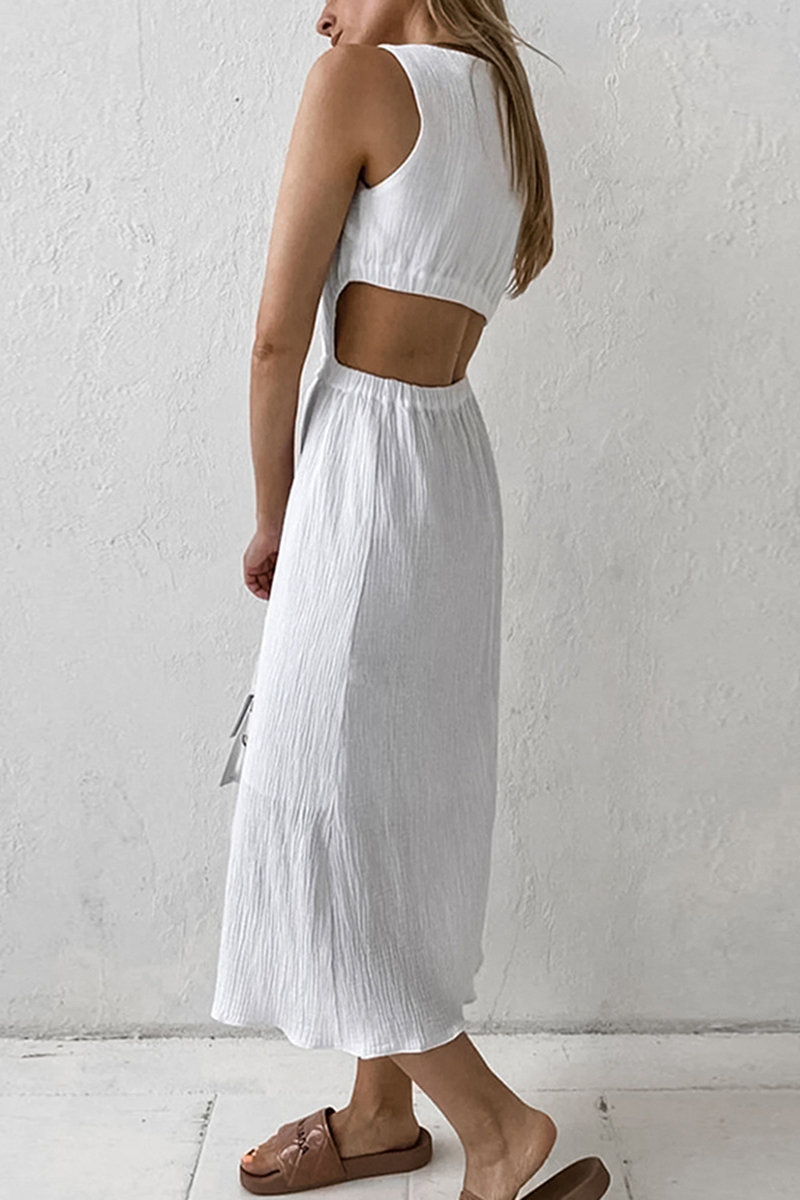 Vestidos casuales de calle de color sólido con agujeros y cuello redondo sin mangas