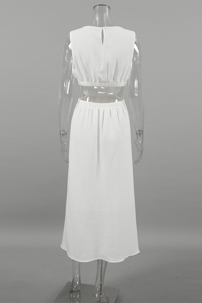 Vestidos casuales de calle de color sólido con agujeros y cuello redondo sin mangas