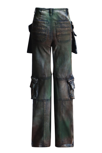 Vaqueros rectos de cintura alta con bolsillos y retazos informales