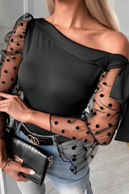 Tops casuales de cuello oblicuo con cinturón y patchwork