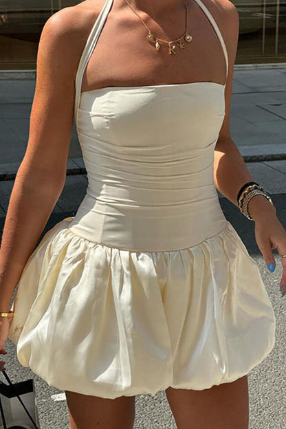 Vestidos casuales de color liso con patchwork, espalda descubierta, fruncidos, estilo halter y capullo