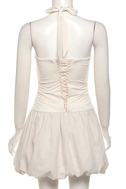 Vestidos casuales de color liso con patchwork, espalda descubierta, fruncidos, estilo halter y capullo