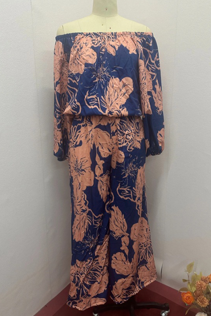 Conjunto informal de dos piezas con hombros descubiertos, estampado floral y patchwork de estilo urbano, tres cuartos