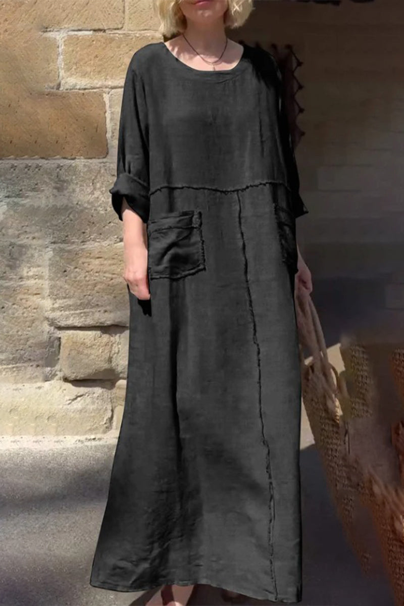 Vestidos casuales de manga larga con cuello redondo, bolsillos y patchwork, de color liso y diario (6 colores)