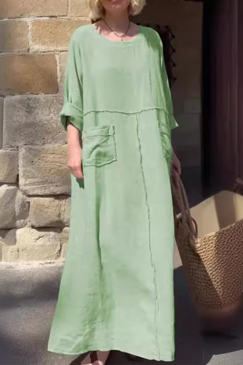 Vestidos casuales de manga larga con cuello redondo, bolsillos y patchwork, de color liso y diario (6 colores)
