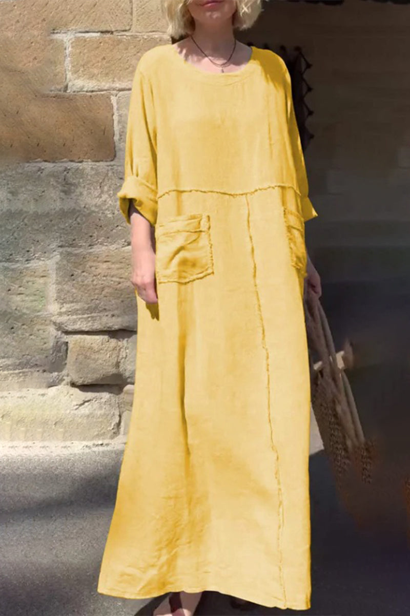 Vestidos casuales de manga larga con cuello redondo, bolsillos y patchwork, de color liso y diario (6 colores)