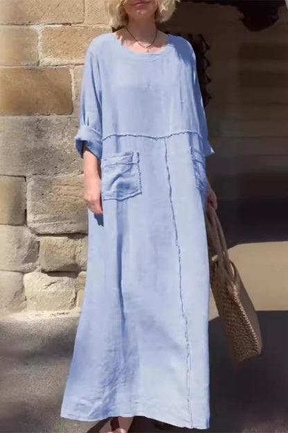 Vestidos casuales de manga larga con cuello redondo, bolsillos y patchwork, de color liso y diario (6 colores)