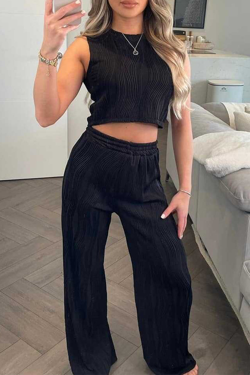 Conjunto informal de dos piezas sin mangas con cuello redondo y textura de color sólido para uso diario (6 colores)