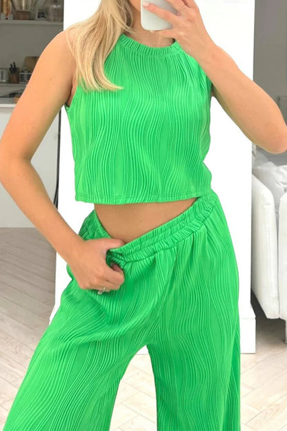 Conjunto informal de dos piezas sin mangas con cuello redondo y textura de color sólido para uso diario (6 colores)