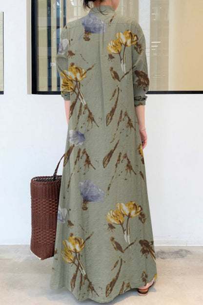 Vestidos largos casuales con cuello camisero y estampado floral de patchwork