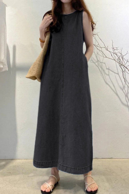Vestidos vaqueros casuales de color liso con bolsillos, cuello redondo, sin mangas y regulares (3 colores)