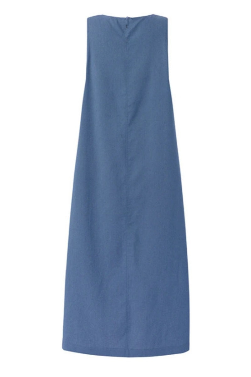 Vestidos vaqueros casuales de color liso con bolsillos, cuello redondo, sin mangas y regulares (3 colores)