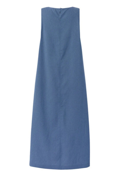 Vestidos vaqueros casuales de color liso con bolsillos, cuello redondo, sin mangas y regulares (3 colores)