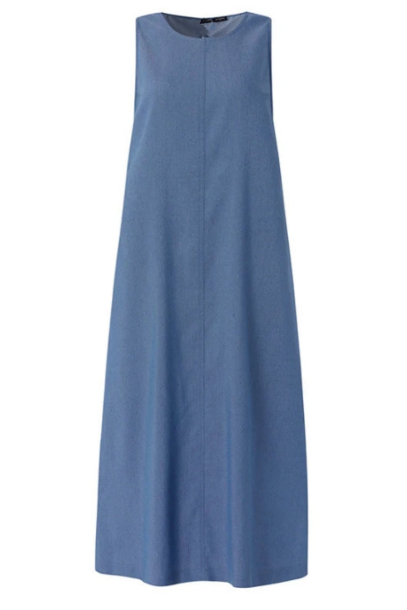 Vestidos vaqueros casuales de color liso con bolsillos, cuello redondo, sin mangas y regulares (3 colores)