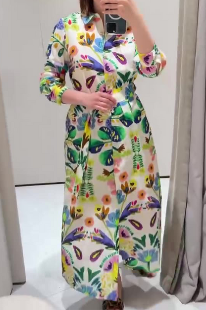 Vestidos estampados casuales de patchwork con estampado floral y cinturón con cuello vuelto