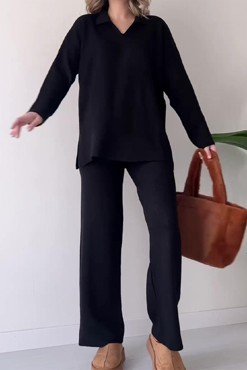 Conjunto informal de dos piezas con escote en V, manga larga, color liso y abertura para uso diario (5 colores)