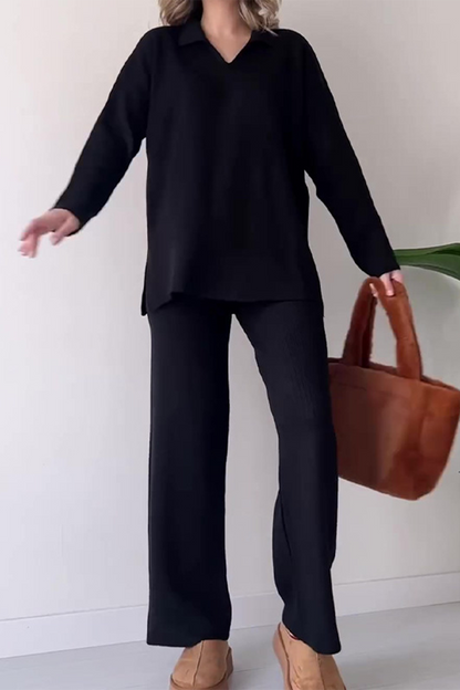 Conjunto informal de dos piezas con escote en V, manga larga, color liso y abertura para uso diario (5 colores)