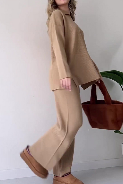 Conjunto informal de dos piezas con escote en V, manga larga, color liso y abertura para uso diario (5 colores)