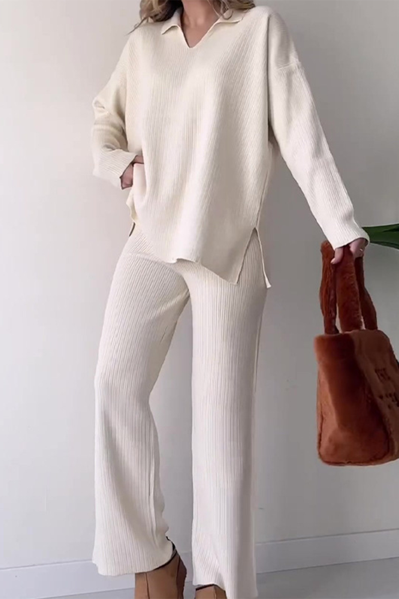 Conjunto informal de dos piezas con escote en V, manga larga, color liso y abertura para uso diario (5 colores)