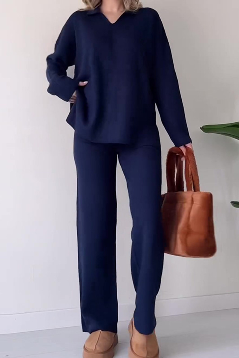 Conjunto informal de dos piezas con escote en V, manga larga, color liso y abertura para uso diario (5 colores)