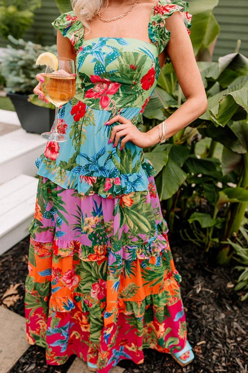 Vestidos largos casuales con estampado floral, patchwork, espalda descubierta y cuello cuadrado