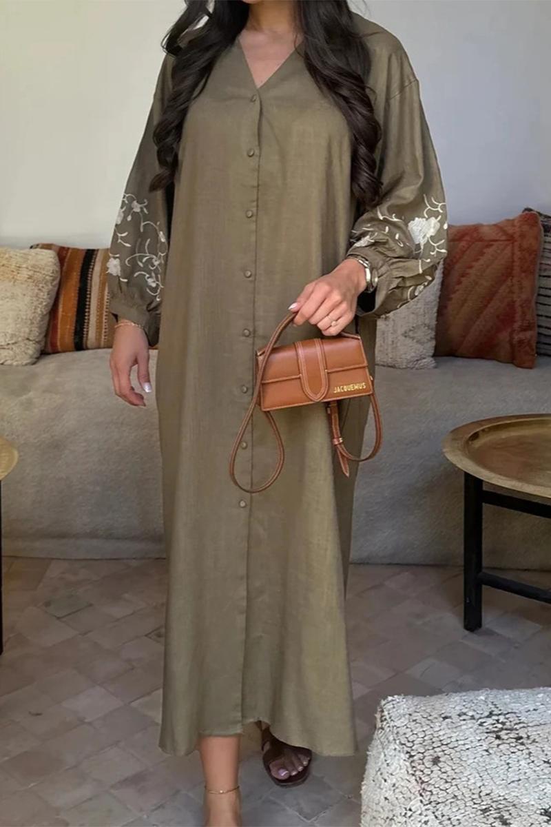 Vestidos casuales de corte A con cuello en V, patchwork, flores y hebillas