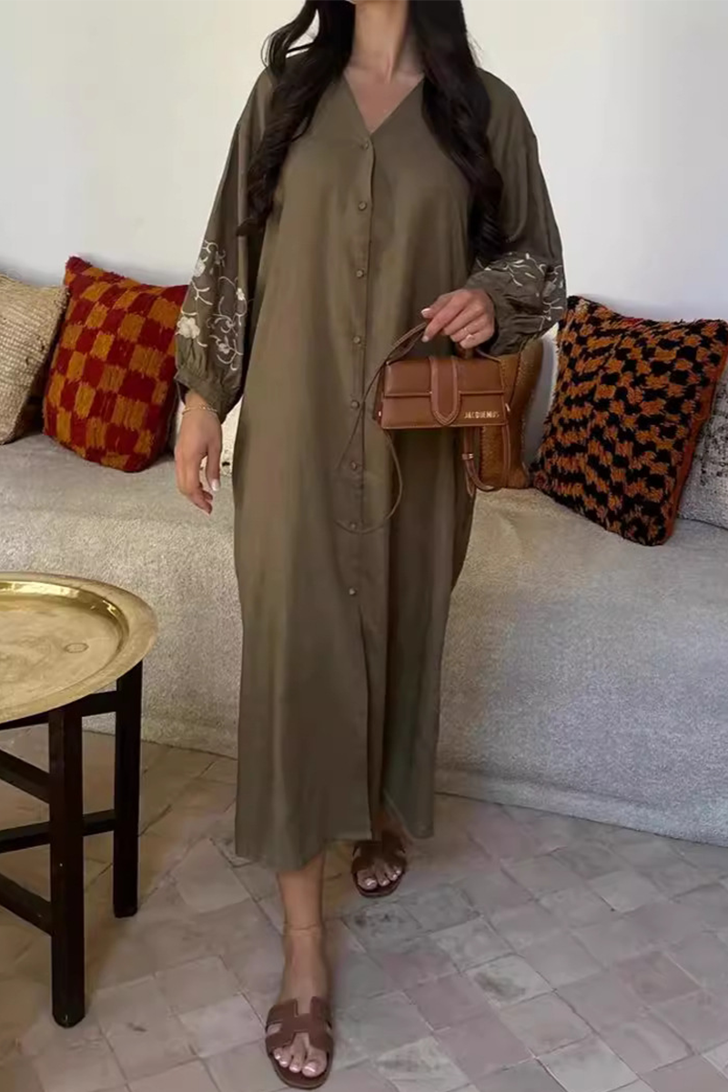 Vestidos casuales de corte A con cuello en V, patchwork, flores y hebillas