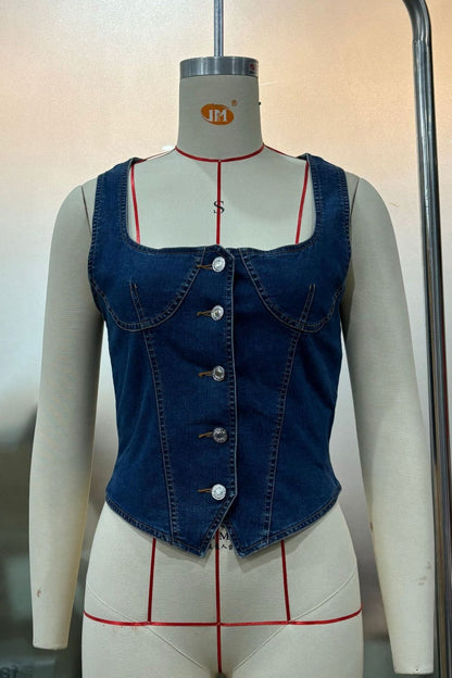 Tops casuales de cuello en U con botones de color sólido