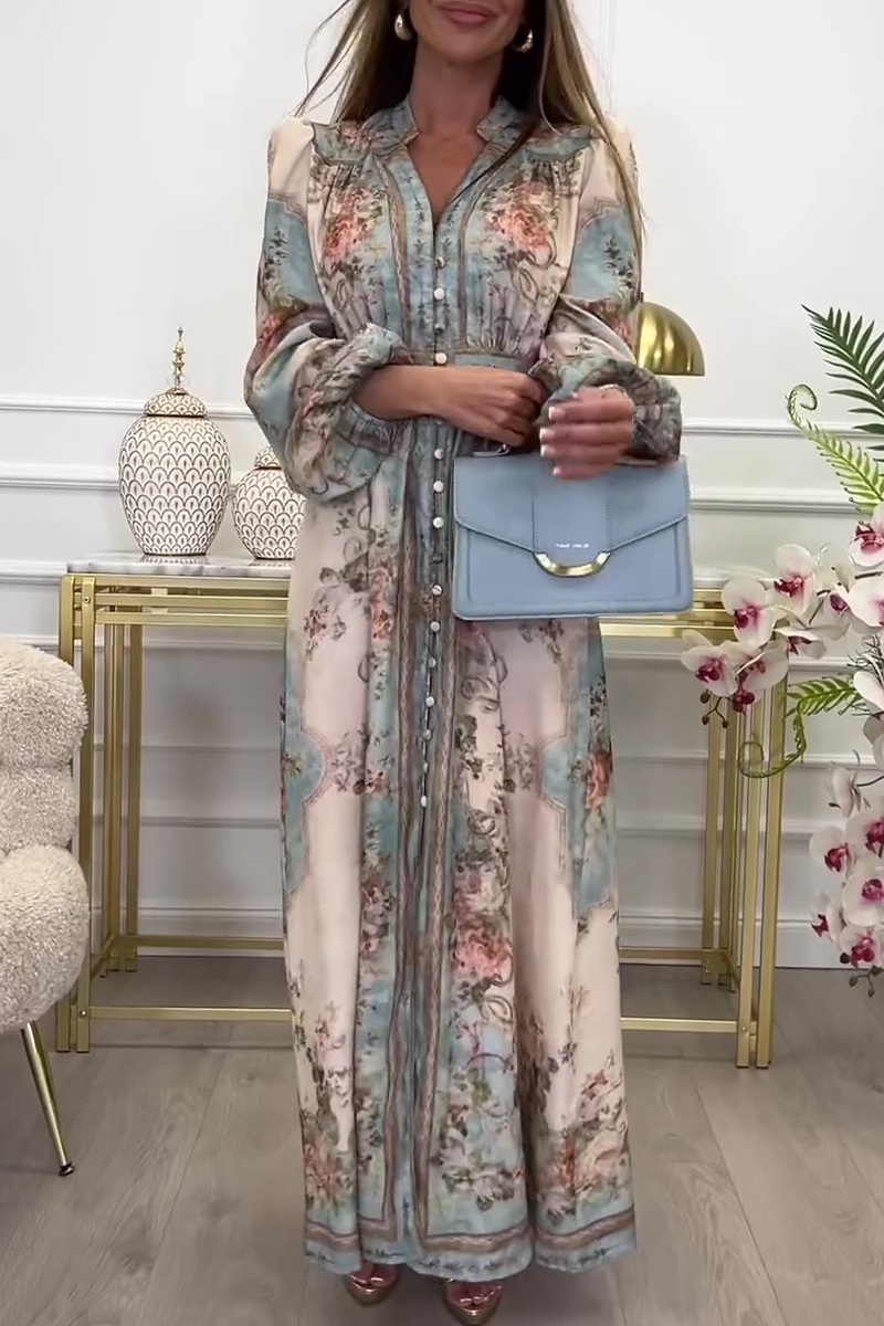 Elegante vestido de corte A con escote en V y hebilla con estampado floral