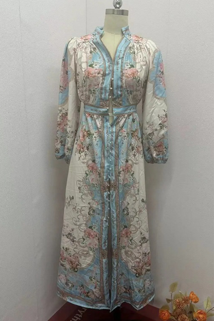 Elegante vestido de corte A con escote en V y hebilla con estampado floral