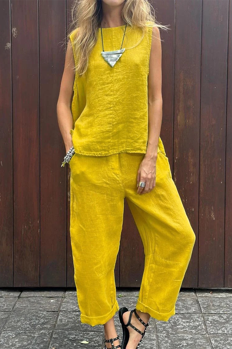 Conjunto informal de dos piezas sin mangas, cuello redondo, bolsillo, color liso, para uso diario (7 colores)