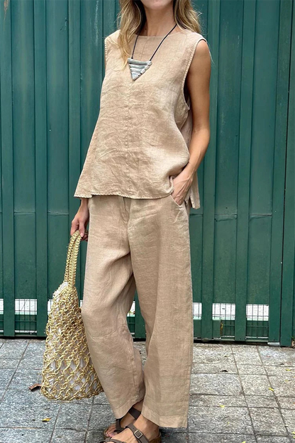 Conjunto informal de dos piezas sin mangas, cuello redondo, bolsillo, color liso, para uso diario (7 colores)