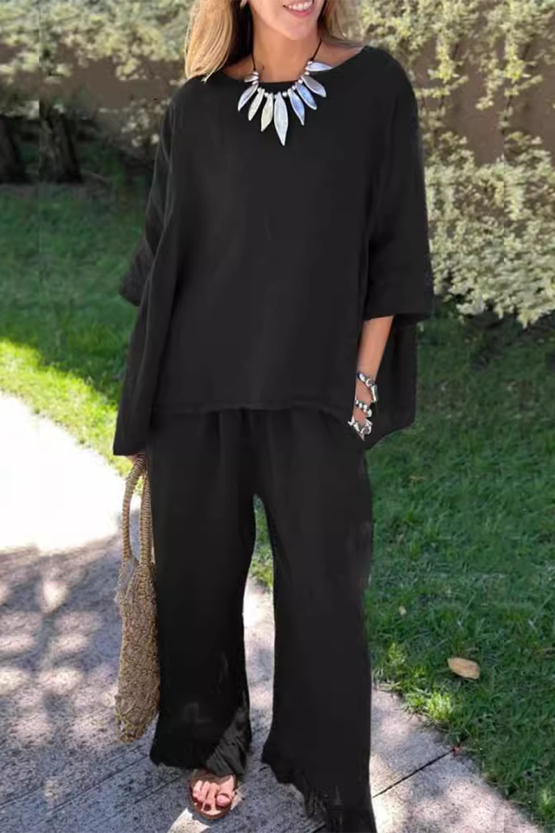 Conjunto informal de dos piezas con cuello redondo, manga corta y bolsillos, color liso, para uso diario (6 colores)