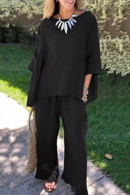 Conjunto informal de dos piezas con cuello redondo, manga corta y bolsillos, color liso, para uso diario (6 colores)