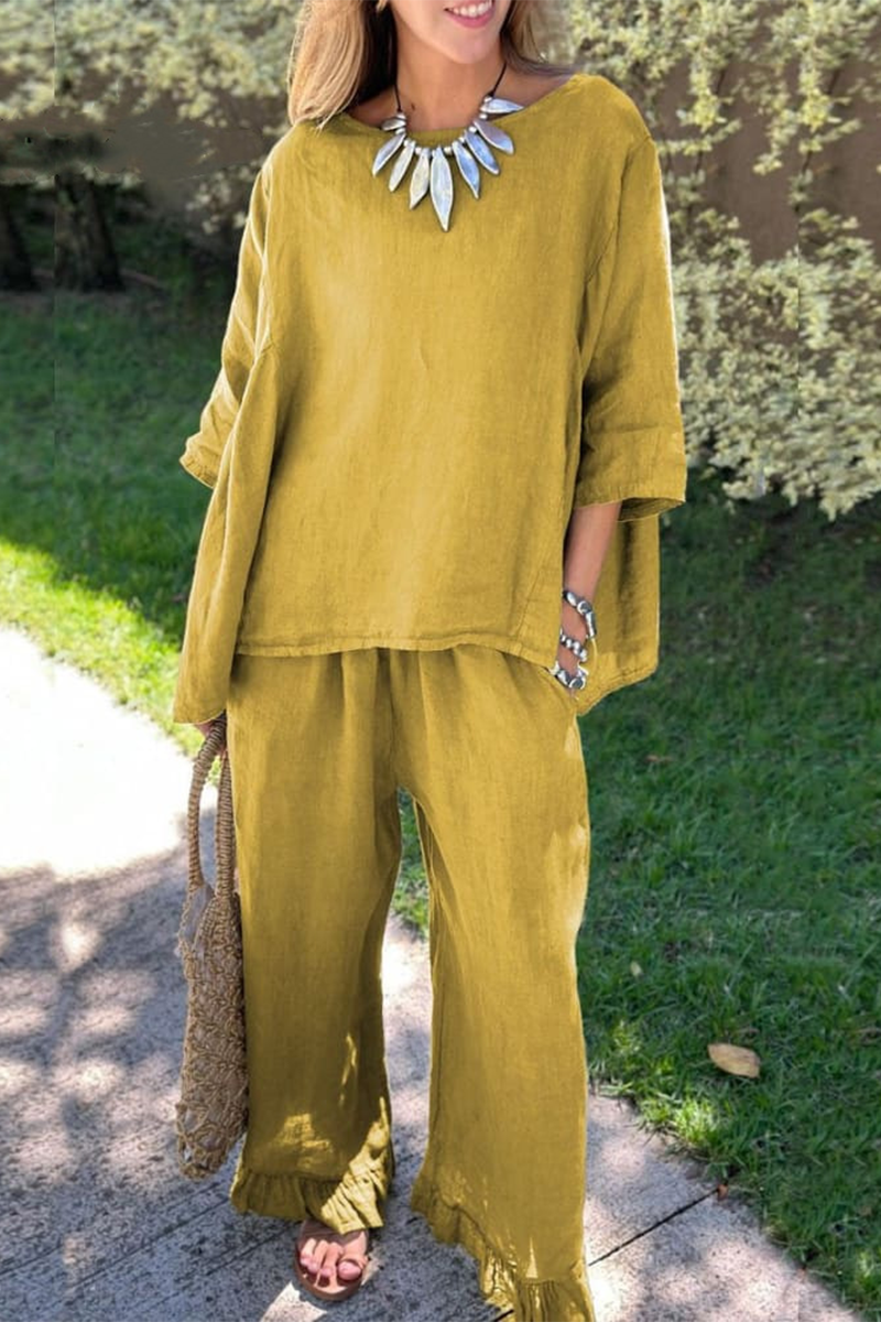 Conjunto informal de dos piezas con cuello redondo, manga corta y bolsillos, color liso, para uso diario (6 colores)