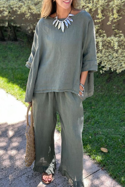 Conjunto informal de dos piezas con cuello redondo, manga corta y bolsillos, color liso, para uso diario (6 colores)