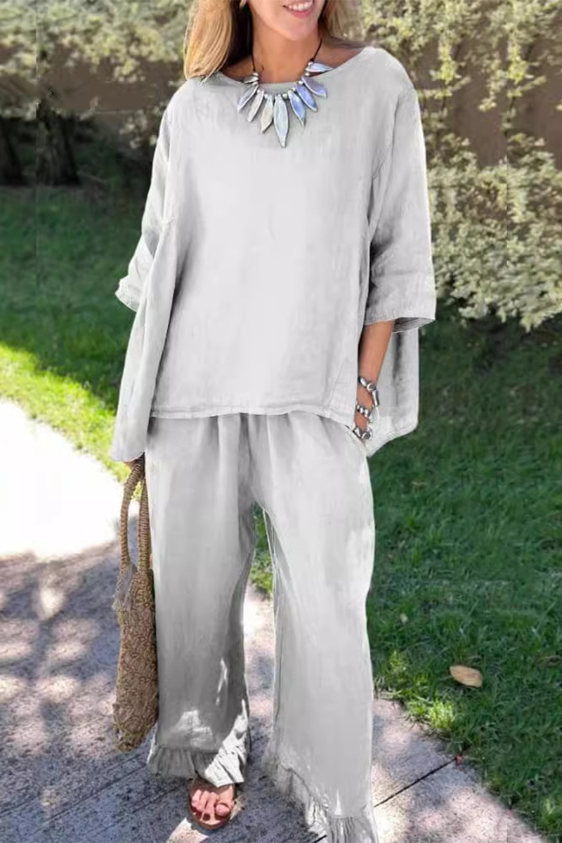 Conjunto informal de dos piezas con cuello redondo, manga corta y bolsillos, color liso, para uso diario (6 colores)