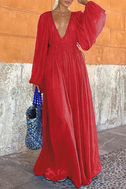 Vestidos sexys de corte A con escote en V transparente y patchwork de color sólido (3 colores)