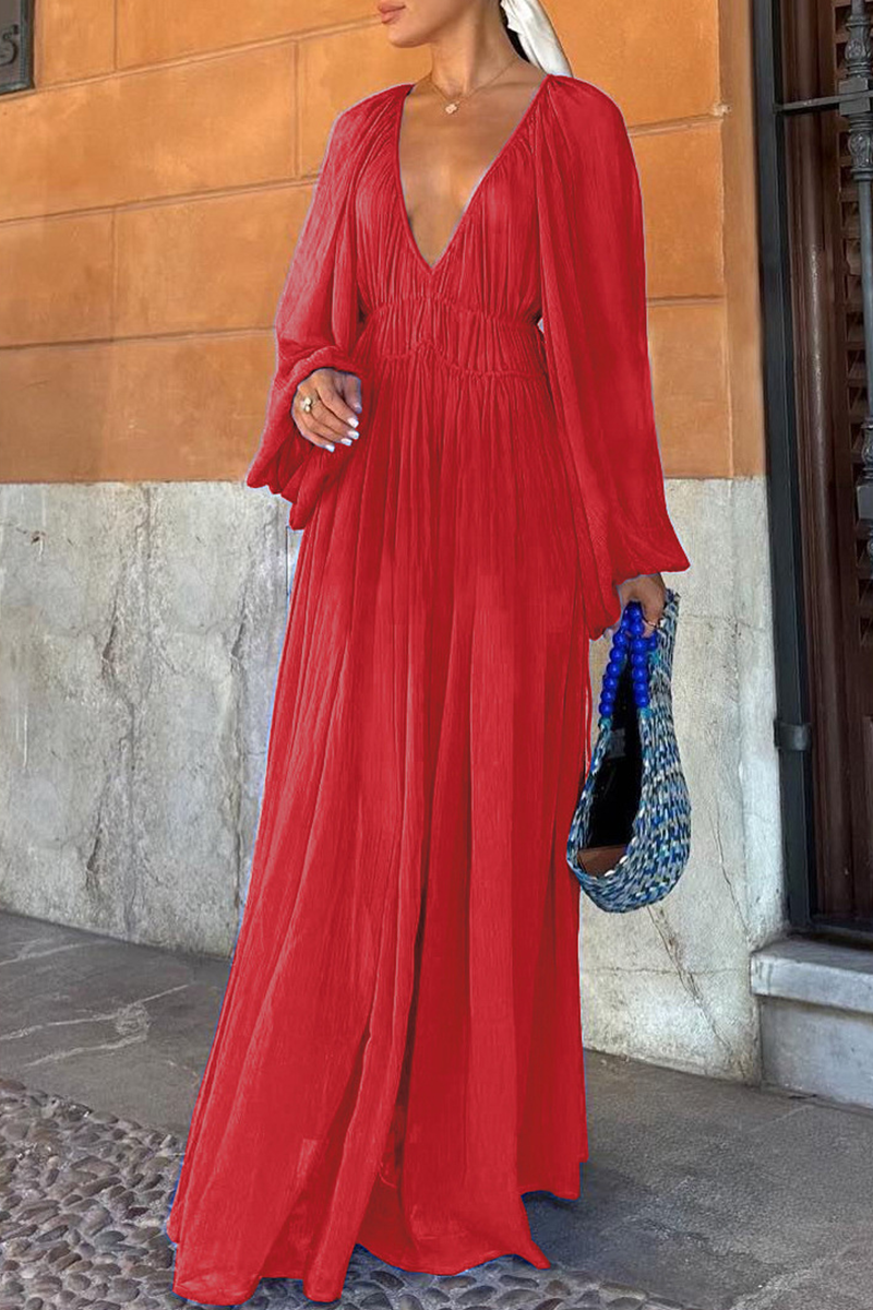 Vestidos sexys de corte A con escote en V transparente y patchwork de color sólido (3 colores)