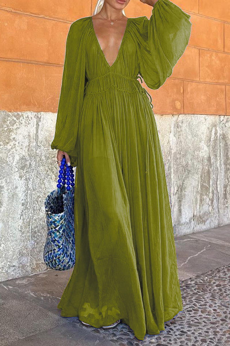 Vestidos sexys de corte A con escote en V transparente y patchwork de color sólido (3 colores)